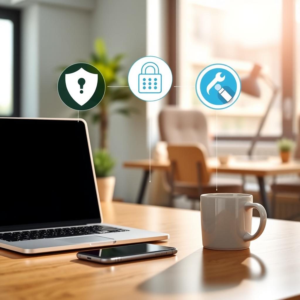 Desk with laptop and smartphone displaying VPN and privacy tool icons