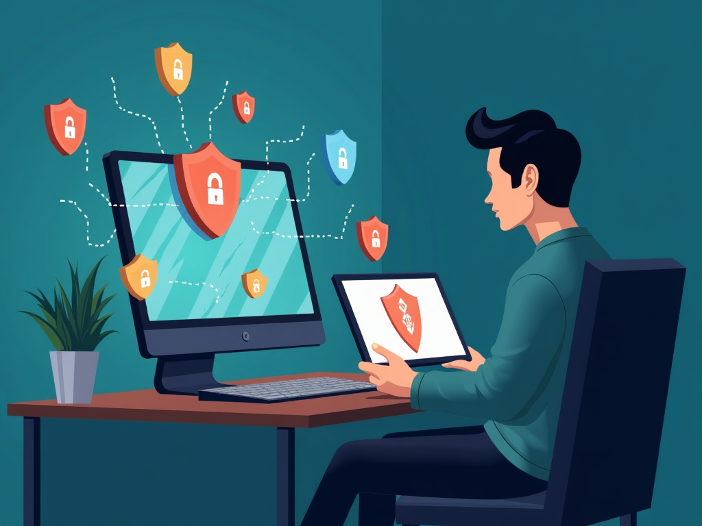 Person with multiple devices showing privacy icons