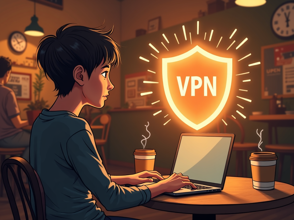 Person using VPN on laptop at café with protective shield