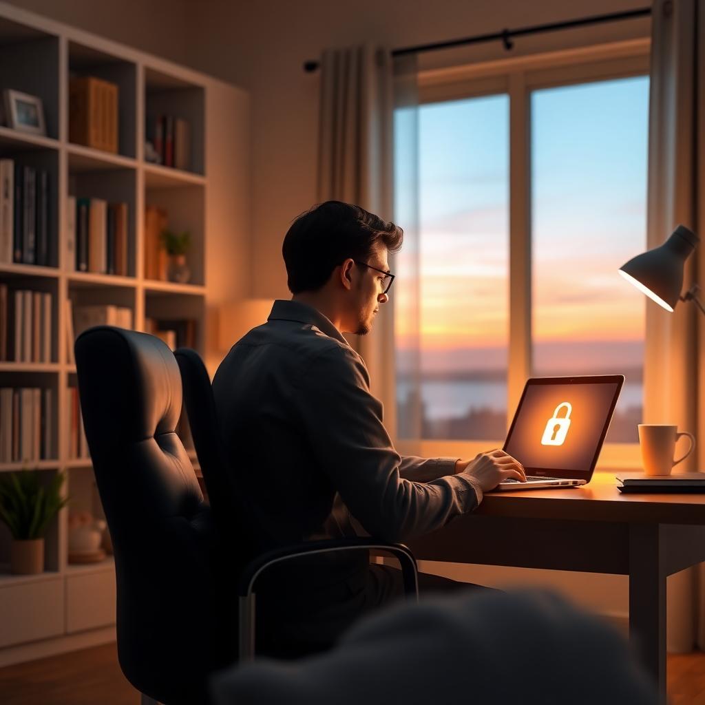 Person using a laptop with a padlock icon on the screen in a cozy home office