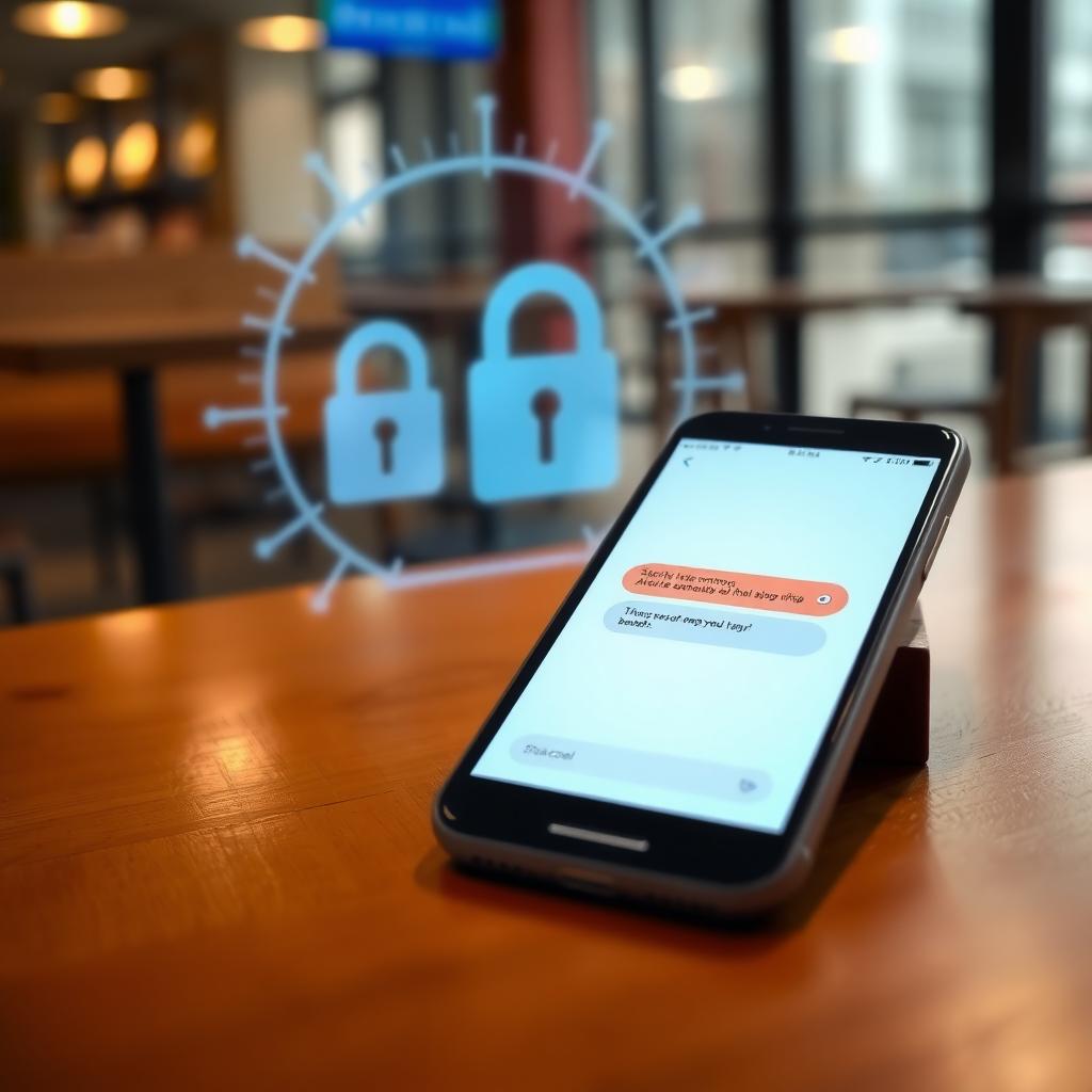 Smartphone displaying Signal app with encrypted chat in a café