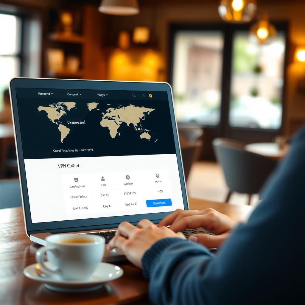 Person using a laptop with a VPN app open in a cozy coffee shop