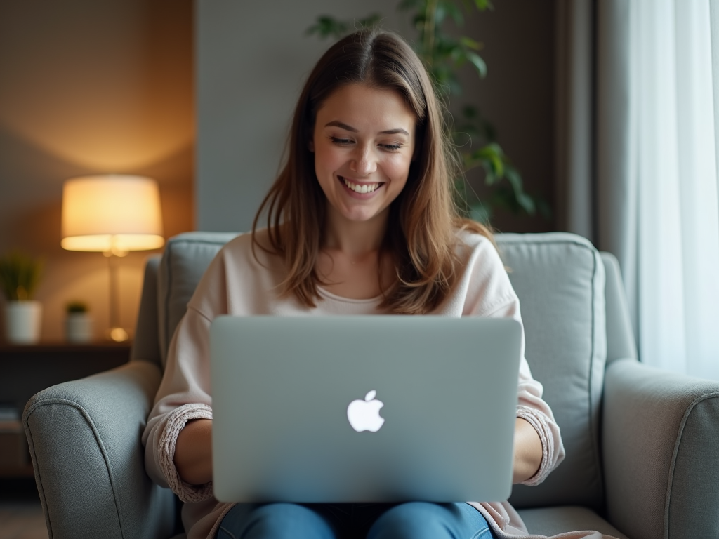 Person closing a laptop with a satisfied expression in a living room