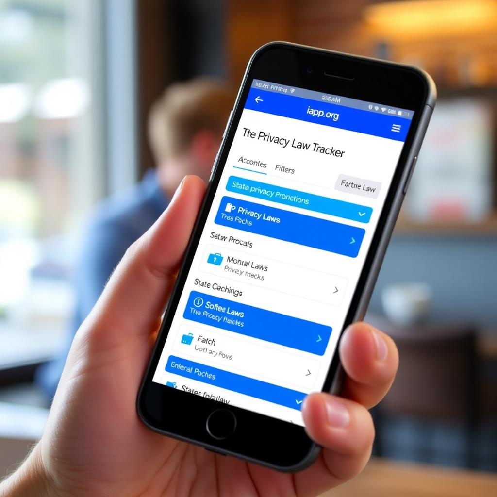Smartphone displaying the iapp.org State Privacy Law Tracker interface
