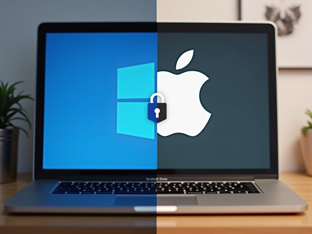 A split-screen of a Windows laptop with a lock and a Mac with a shield
