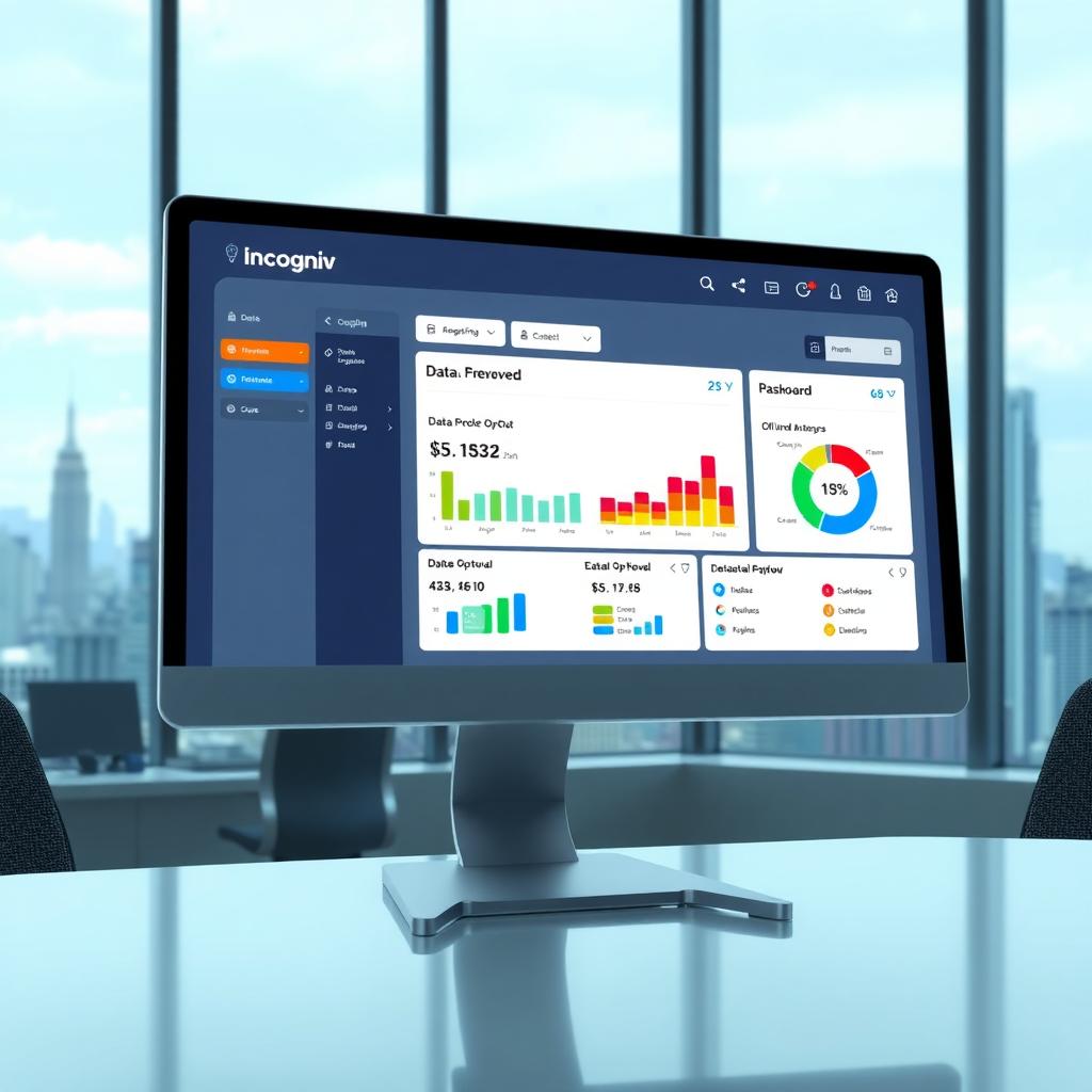 Computer screen showing Incogni’s data removal dashboard with charts and a city skyline view.