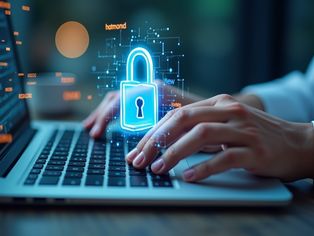 Hands typing on keyboard with padlock graphic.