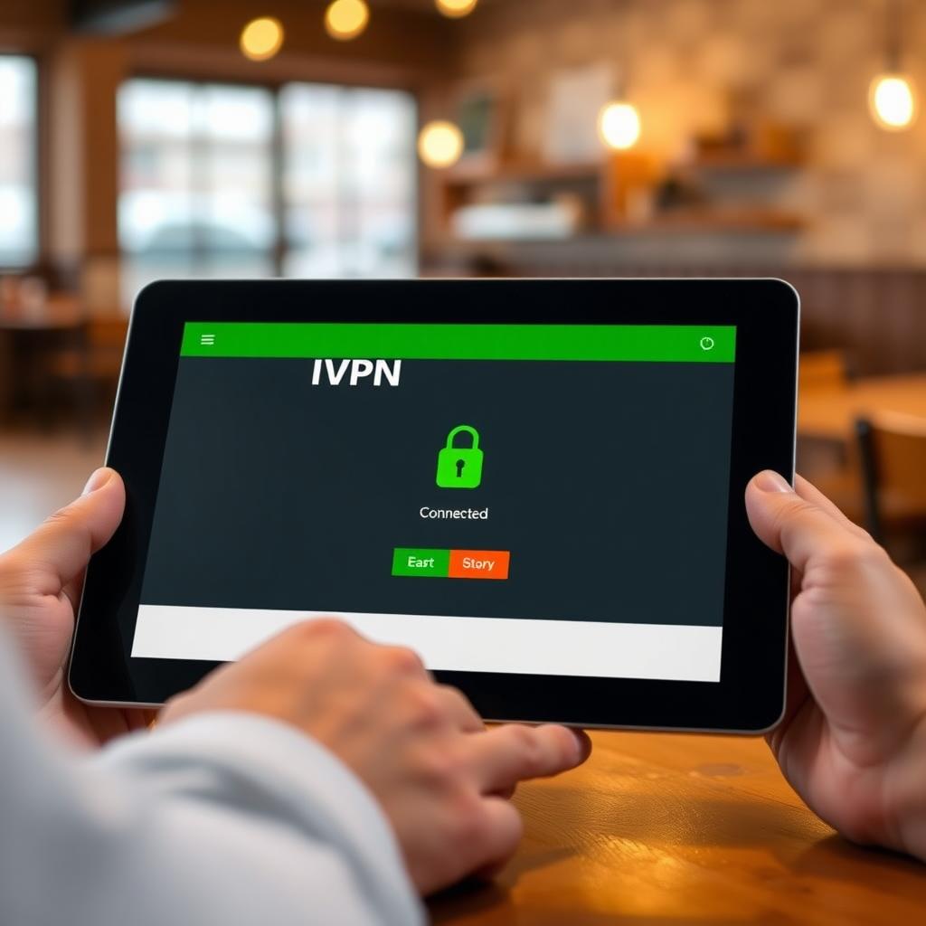Person using a tablet with the IVPN app showing a connected status in a cozy coffee shop.