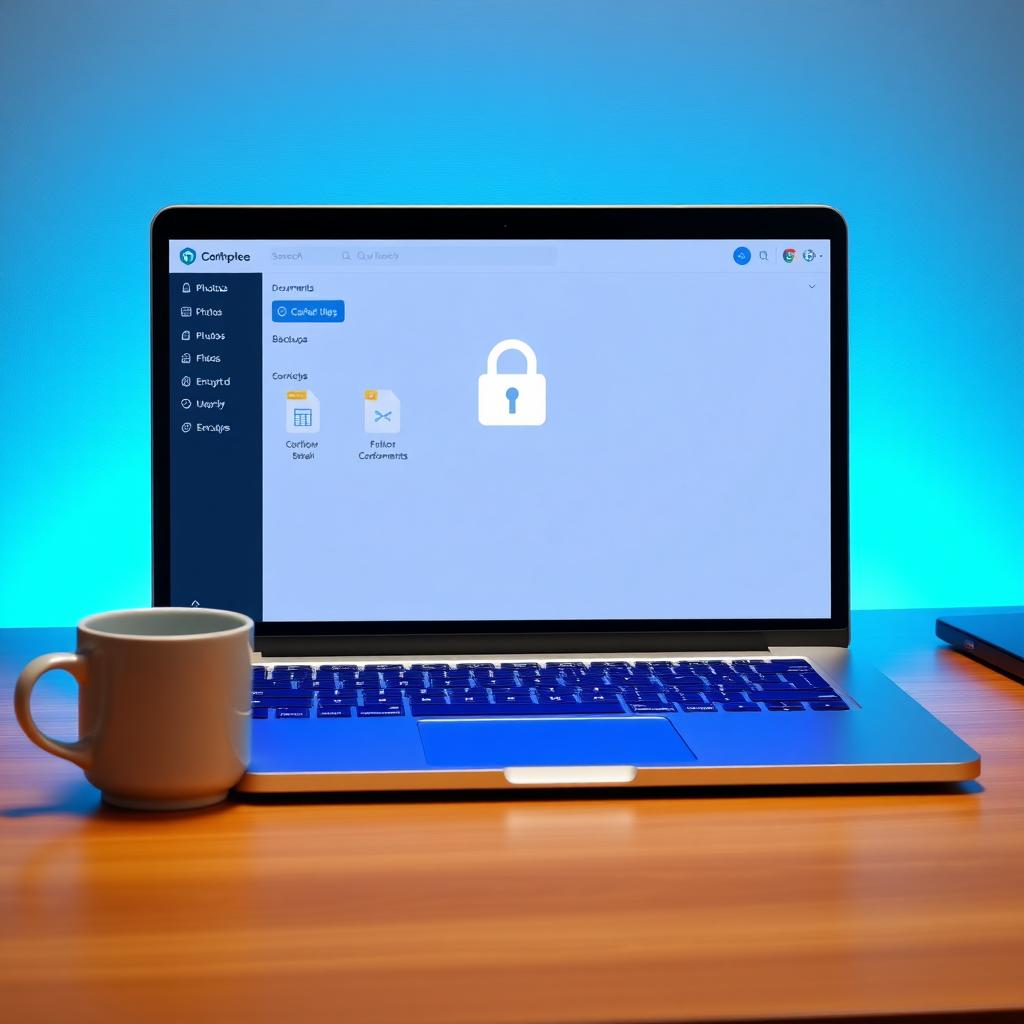 Modern laptop displaying a secure cloud storage interface on a wooden desk