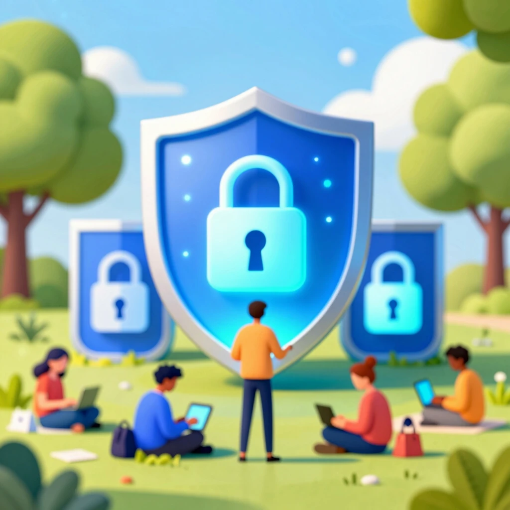 Digital fortress shielding people with privacy tool icons
