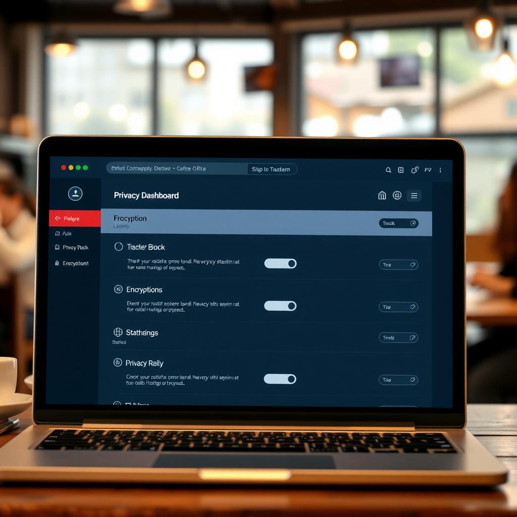 Laptop screen showing a privacy dashboard with toggles for tracker blocking and encryption in a coffee shop setting.