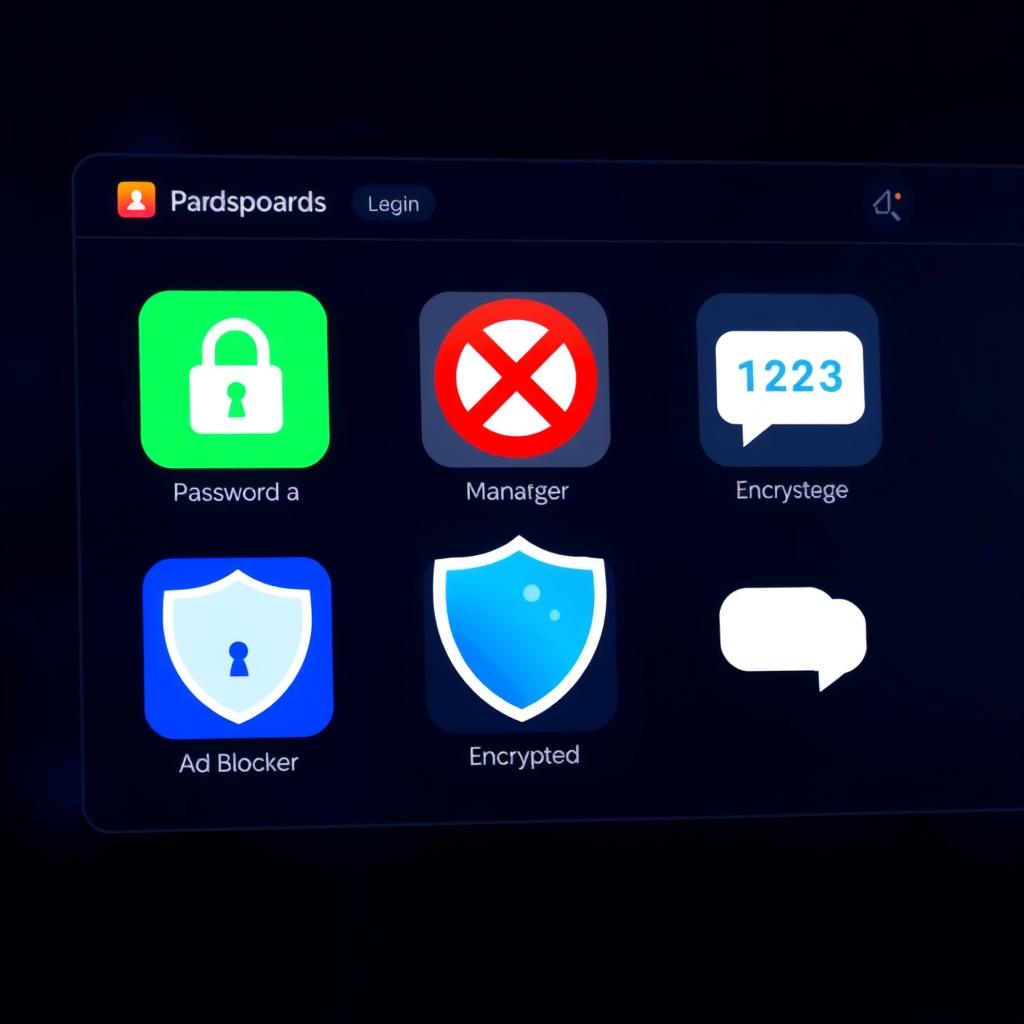 Digital dashboard showing icons for online privacy tools like a password manager and ad blocker.