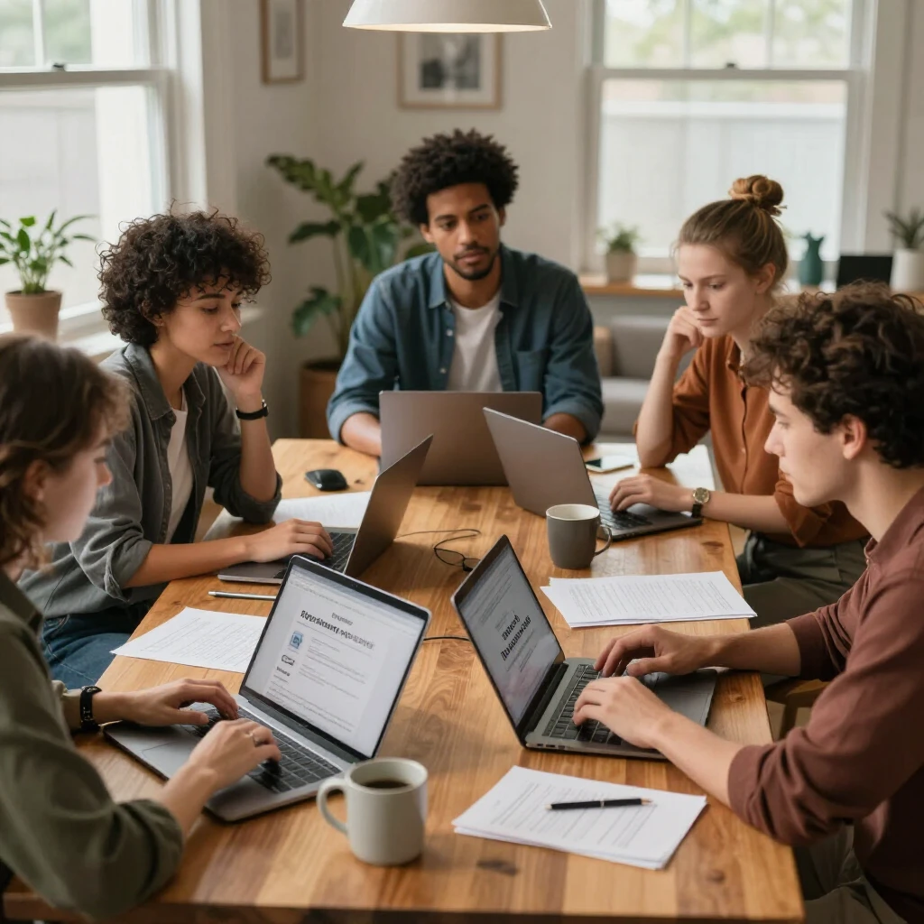 Group of people collaborating on online privacy strategies in a home setting