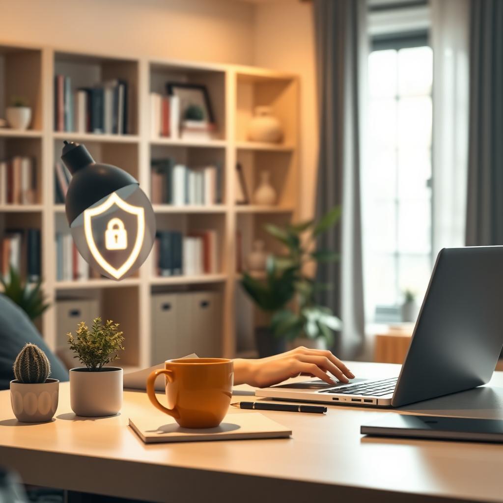 Person working on a laptop with a VPN logo displayed in a cozy home office