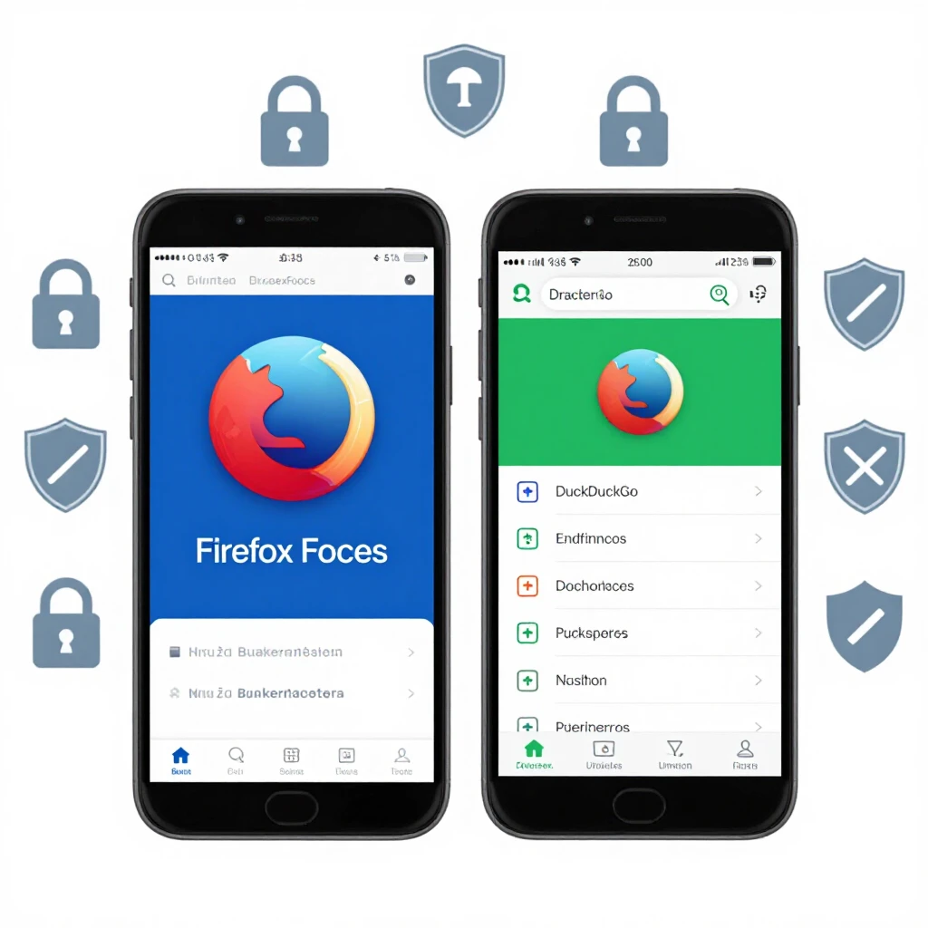 Two smartphones comparing Firefox Focus and DuckDuckGo browsers with privacy protection icons