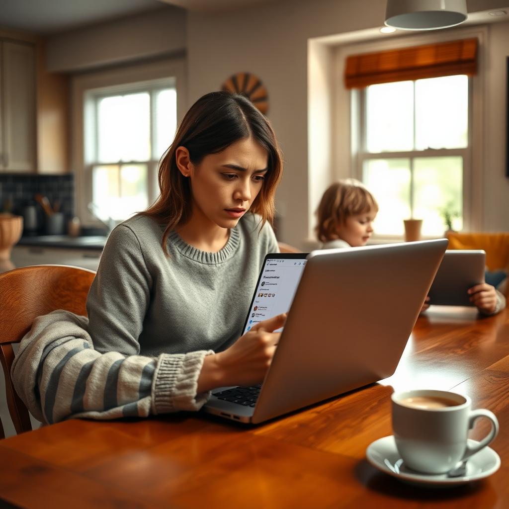 Parent reviewing privacy settings on a laptop while a child uses a tablet in a cozy kitchen