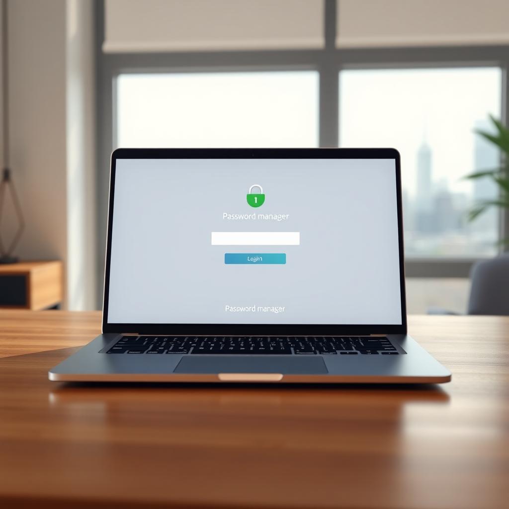 Laptop displaying a password manager login screen on a wooden desk with a city skyline in the background.