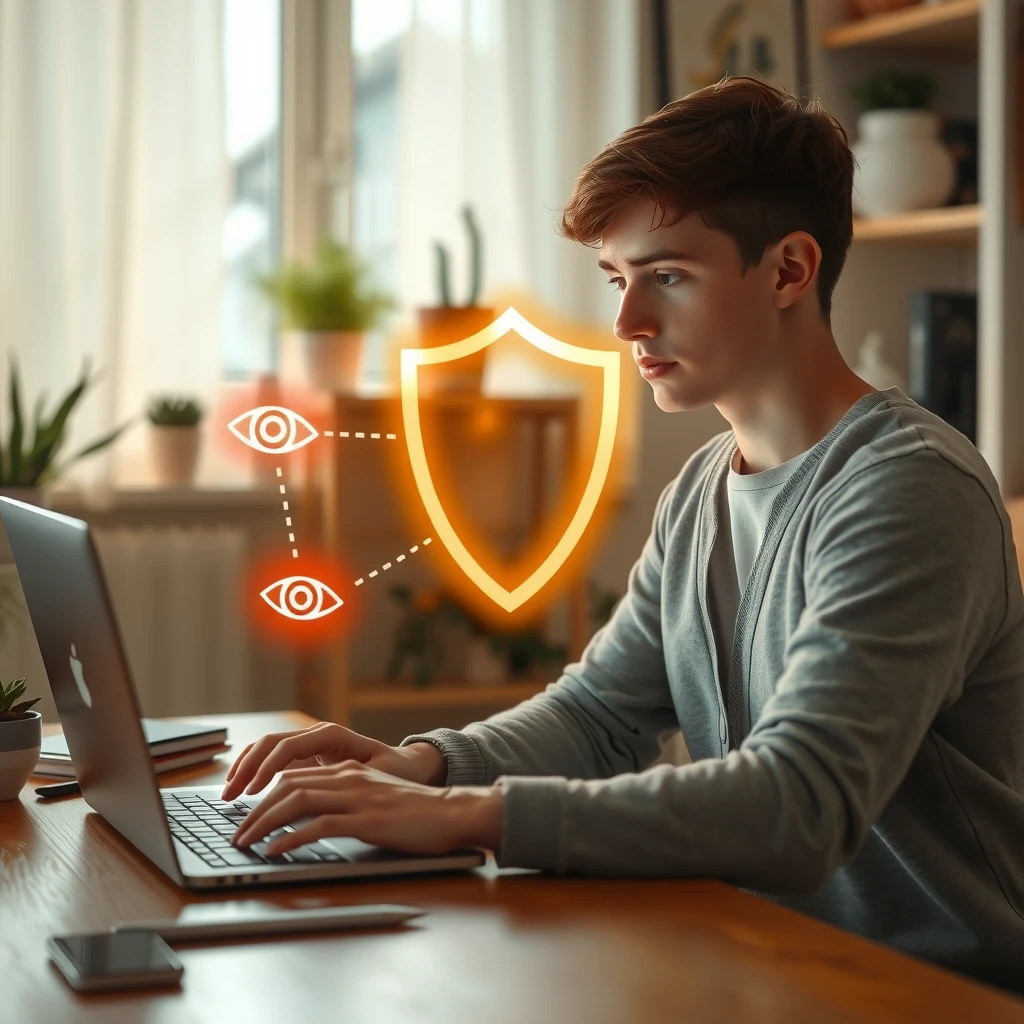 Person using laptop protected by privacy shield from online tracking
