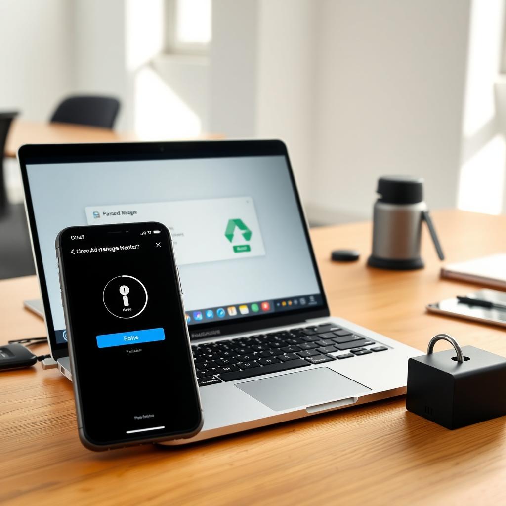 Laptop displaying a password manager alongside a smartphone and hardware security key.