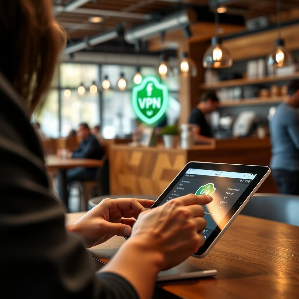 Person using a tablet with a VPN connection icon in a modern coffee shop.