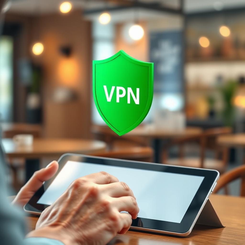 Person using an Android tablet with a VPN shield icon, representing secure browsing in a café