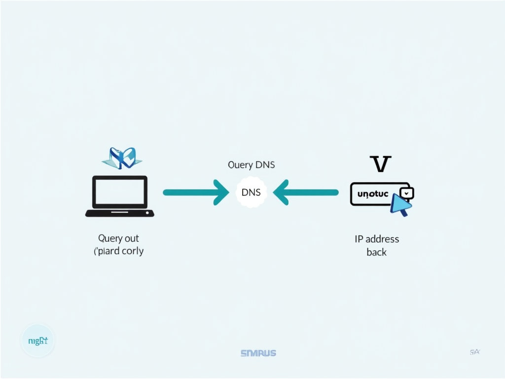 Diagram of the DNS process with a computer querying a DNS server for an IP address.