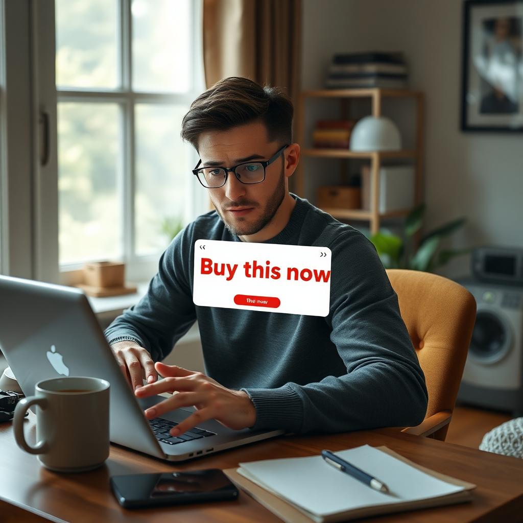 Person at a laptop with a concerned look as a targeted ad pops up on the screen.