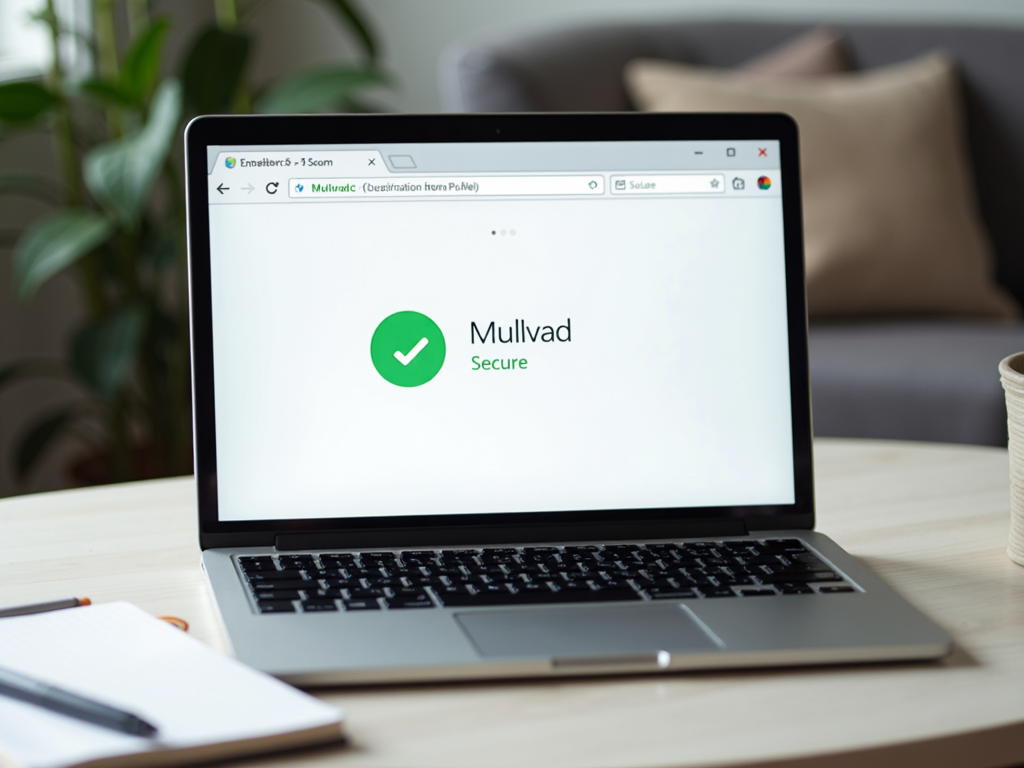 Mullvad VPN interface on laptop showing secure status