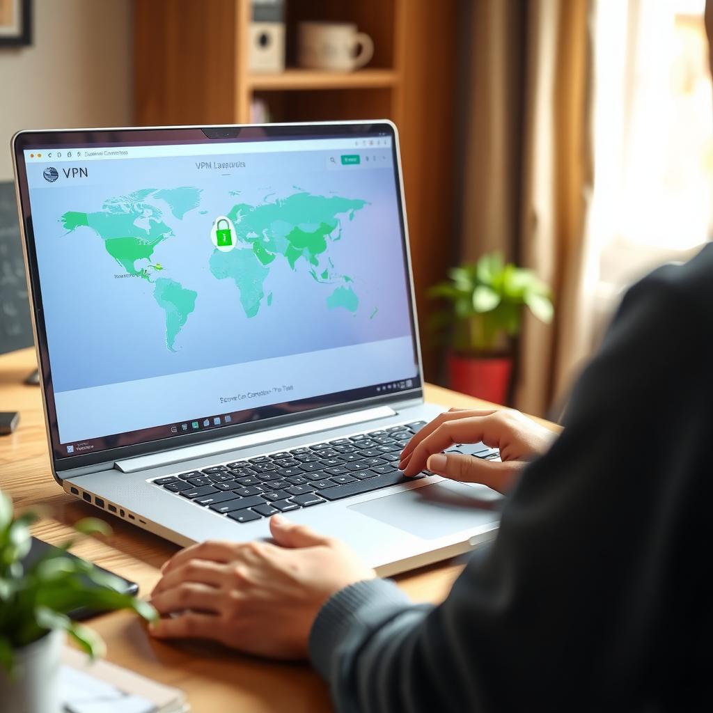Person using a laptop with a VPN interface showing a secure connection