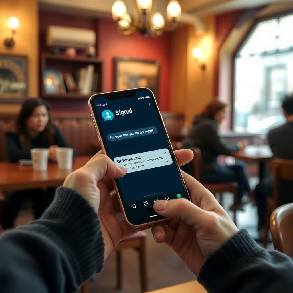 Person using Signal app for secure messaging in a café