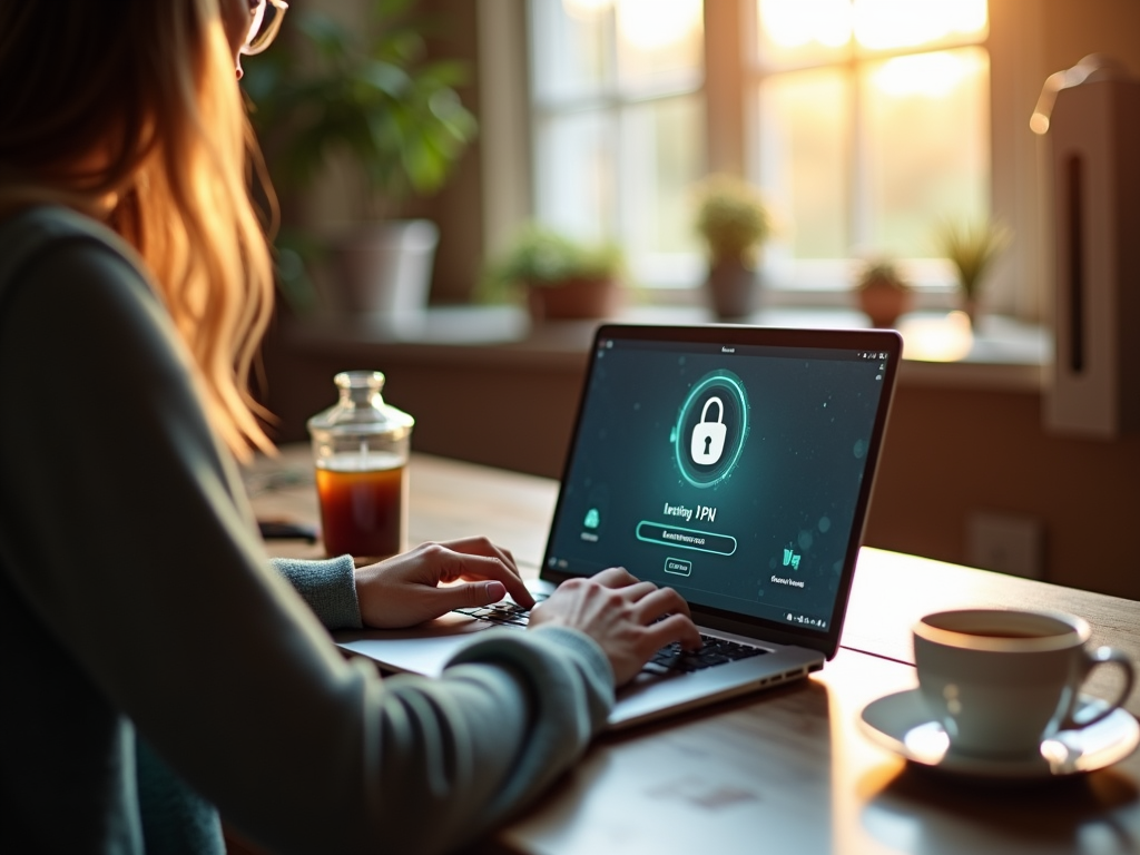 Person using a VPN on their laptop for secure browsing in a cozy home office.