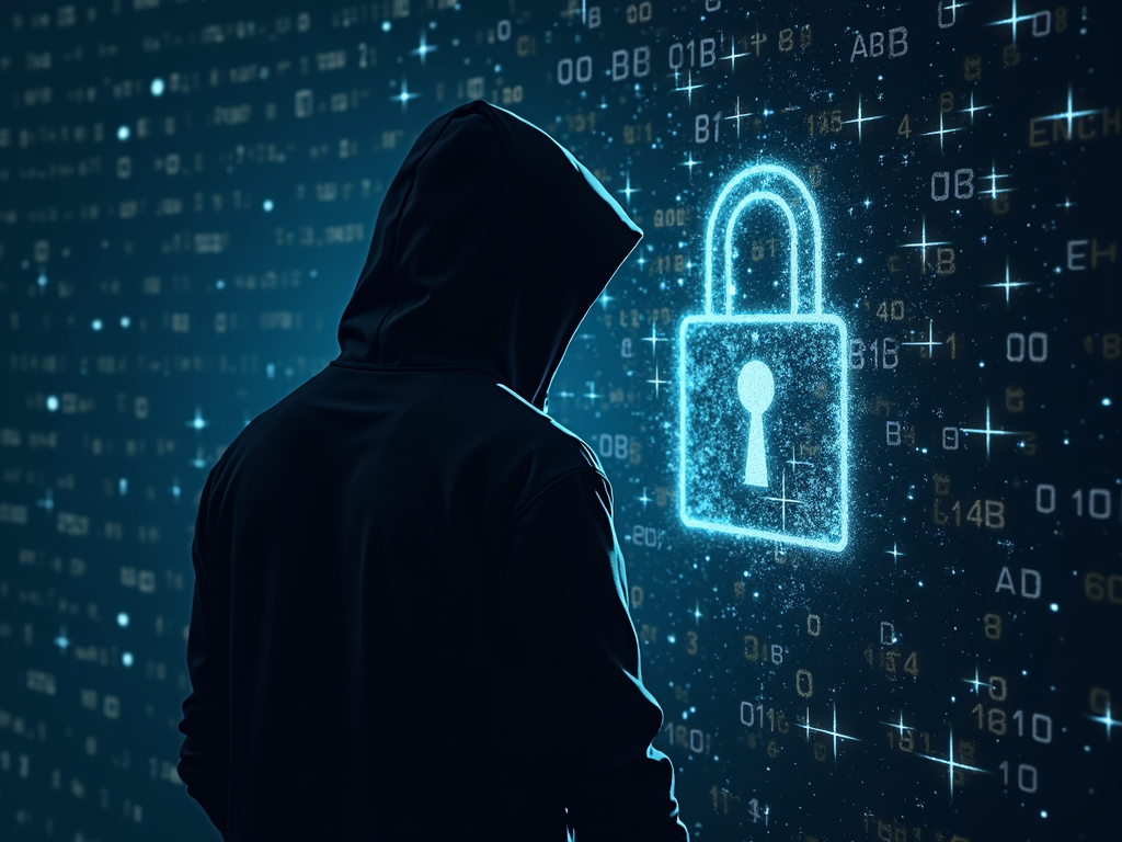 Illustration of a hacker facing a cracked encryption wall.