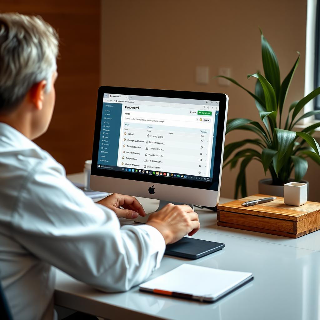 Person using a password manager on a computer at an organized desk