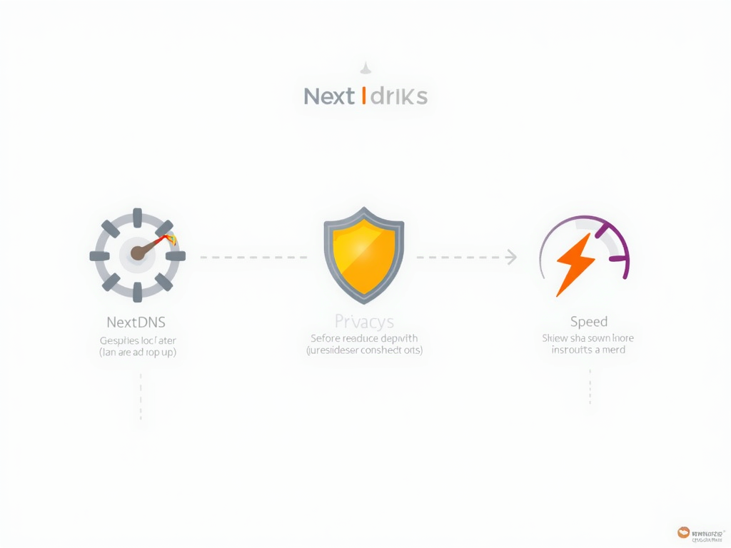 Infographic of NextDNS benefits: ad blocking, privacy, and speed.