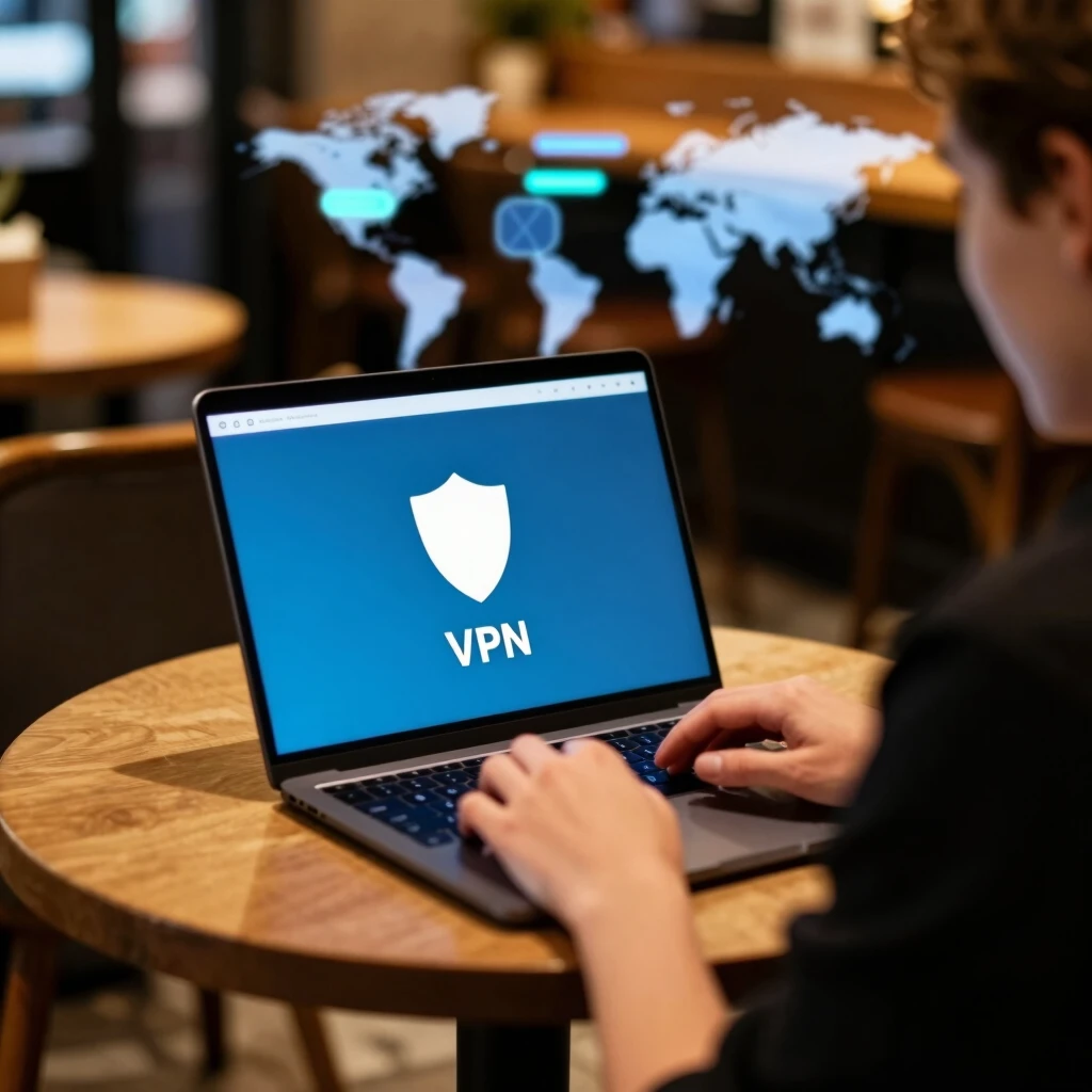 Person using VPN on laptop in public cafe for online privacy
