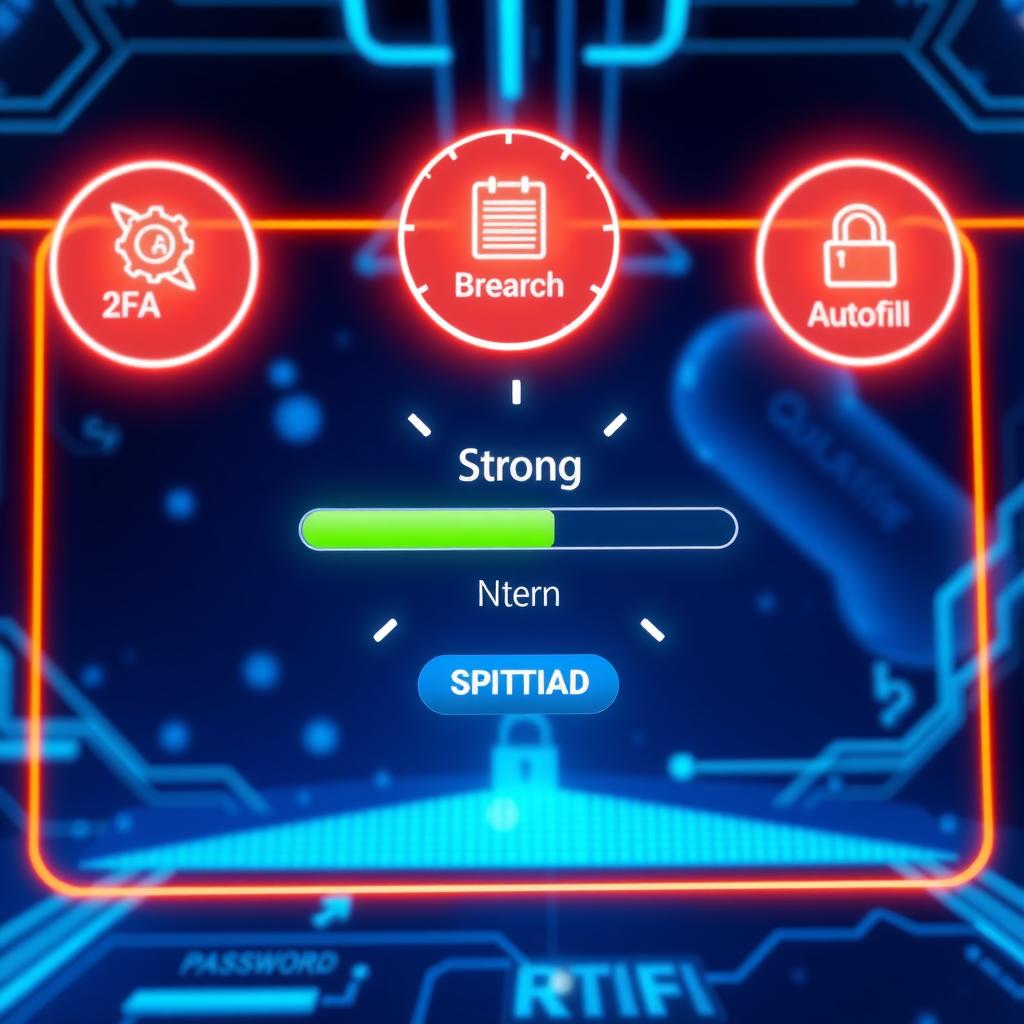 Digital dashboard showing a password strength meter and cybersecurity features