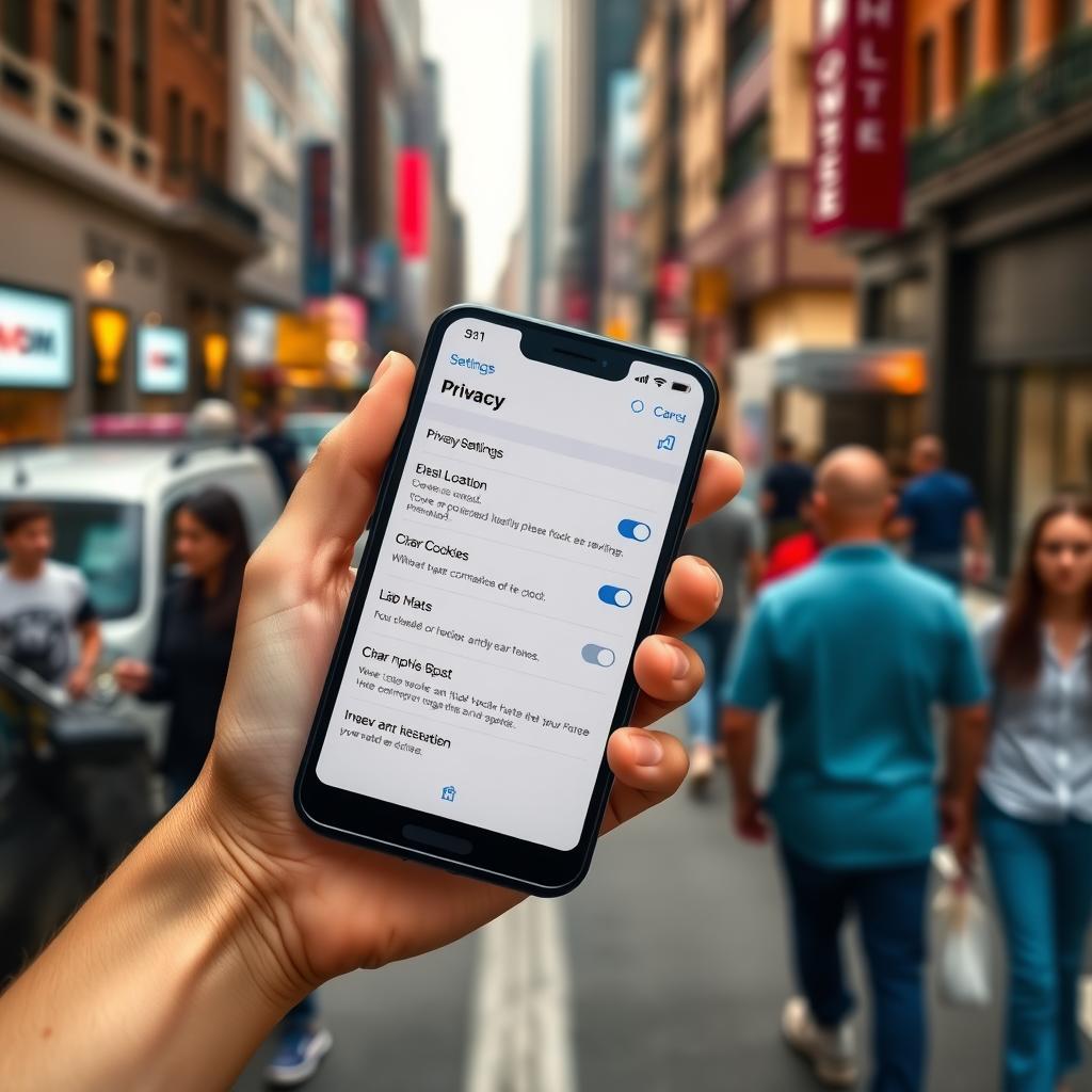 Hand holding smartphone with privacy settings on a busy street