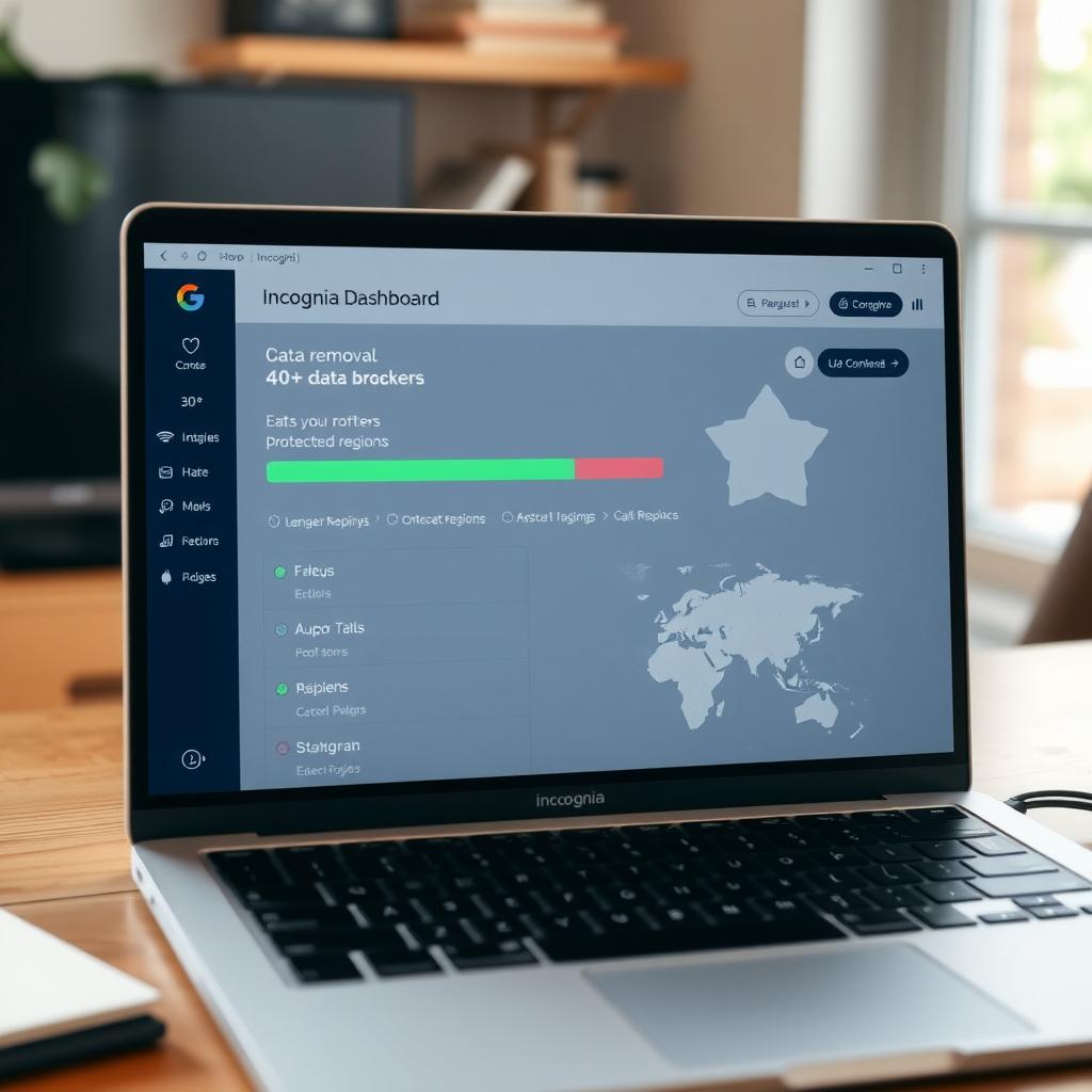 Laptop showing Incogni’s dashboard with data removal progress and a world map in a home office.