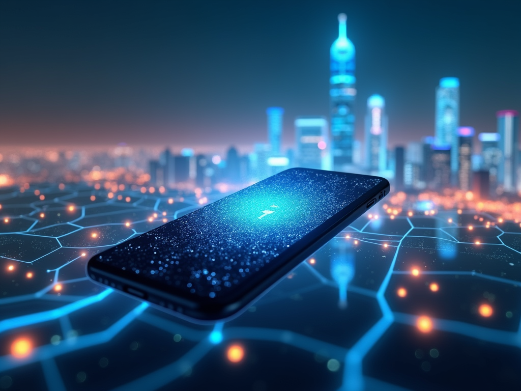 Futuristic skyline with smartphone for mobile privacy trends