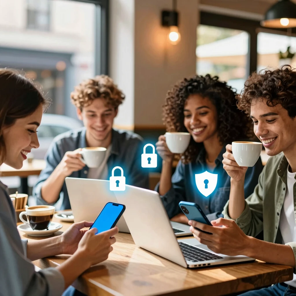 Friends safeguarding their online privacy in a cafe setting