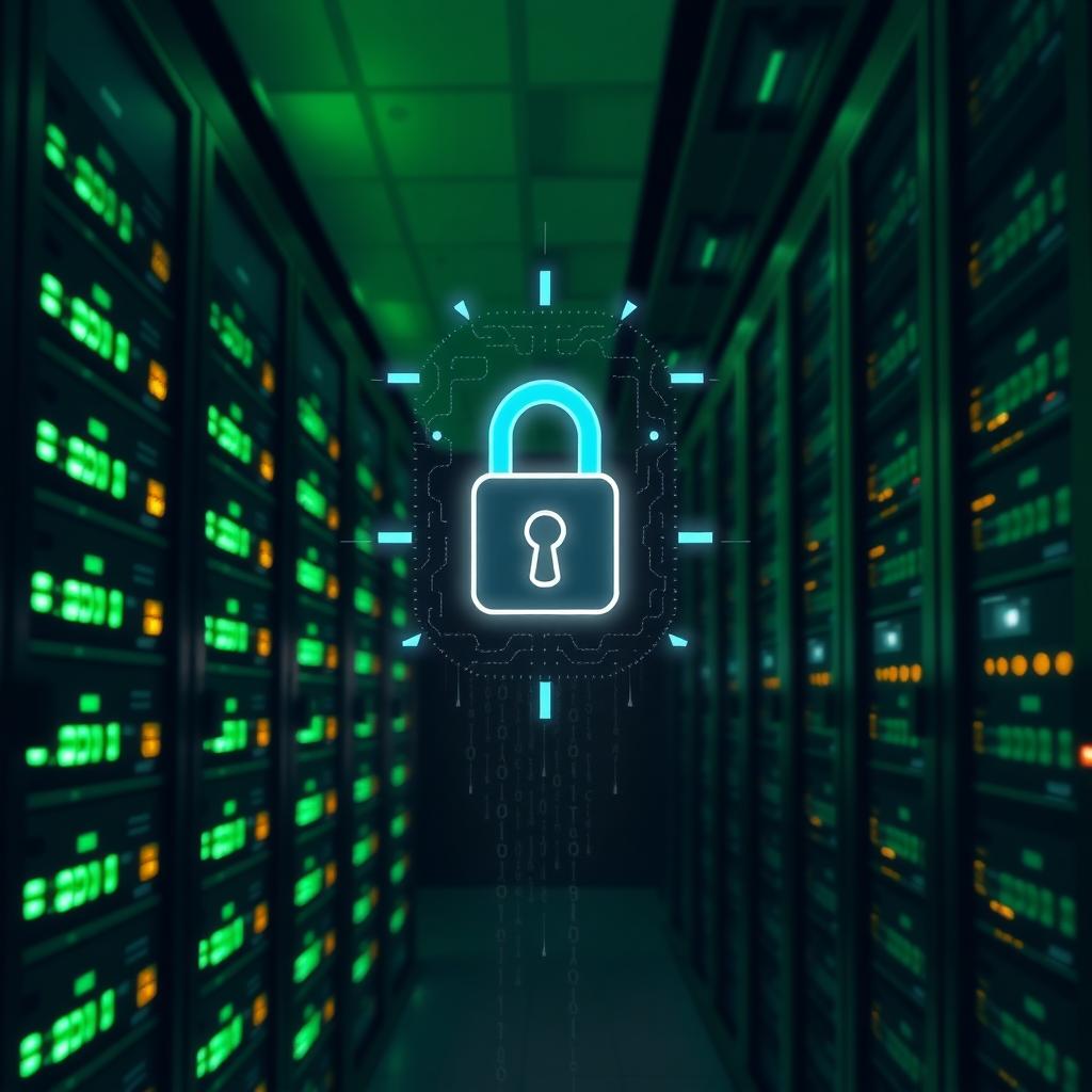 Secure data vault with glowing servers and digital lock icon for AI privacy