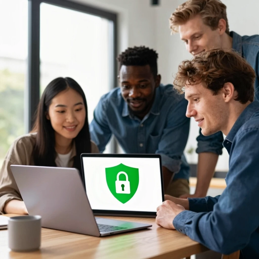 Group of friends learning about online safety on a laptop with a security shield icon