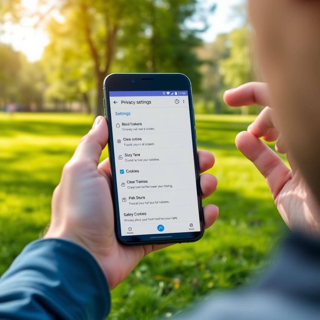 Person using a smartphone in a park, showing a privacy-focused browser’s settings menu