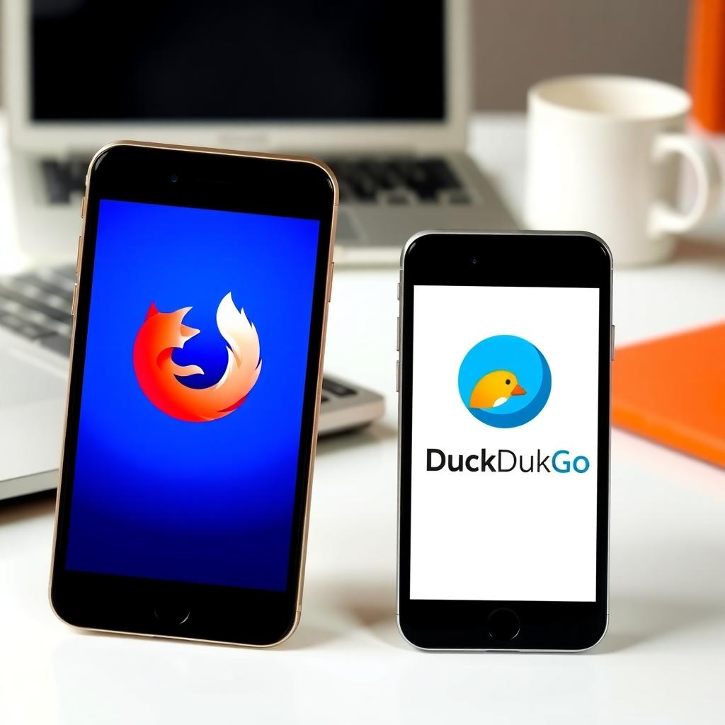Two smartphones displaying Firefox Focus and DuckDuckGo browser logos on a desk