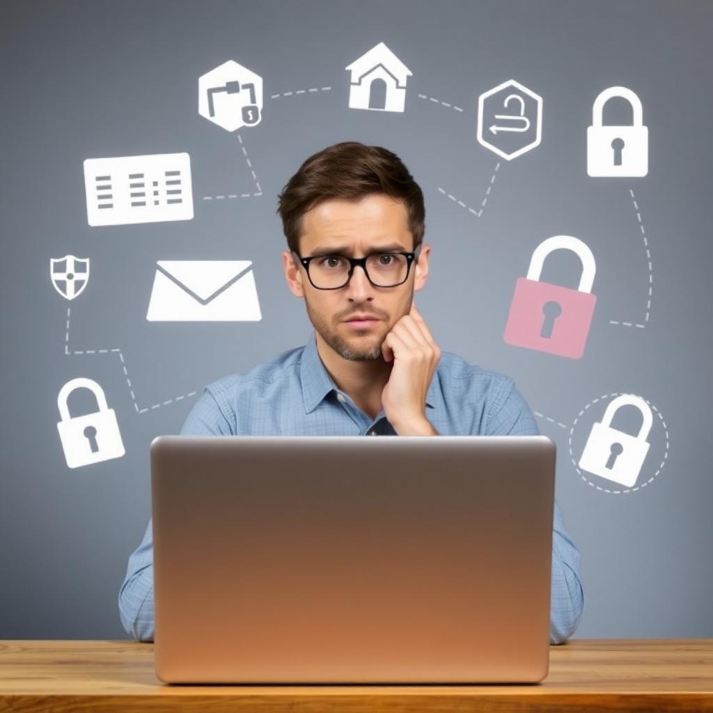 A person using a laptop, surrounded by digital privacy icons.