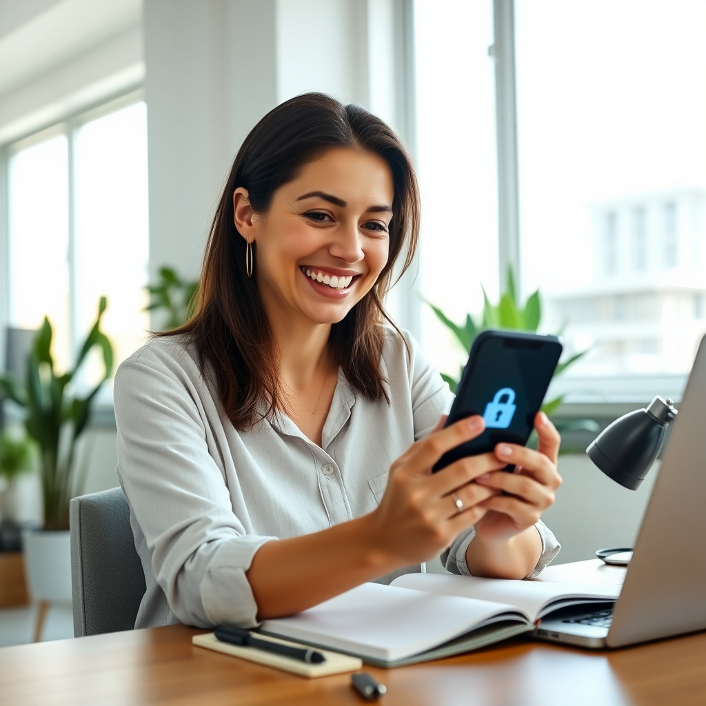 Professional securely using an encrypted messaging app on her phone