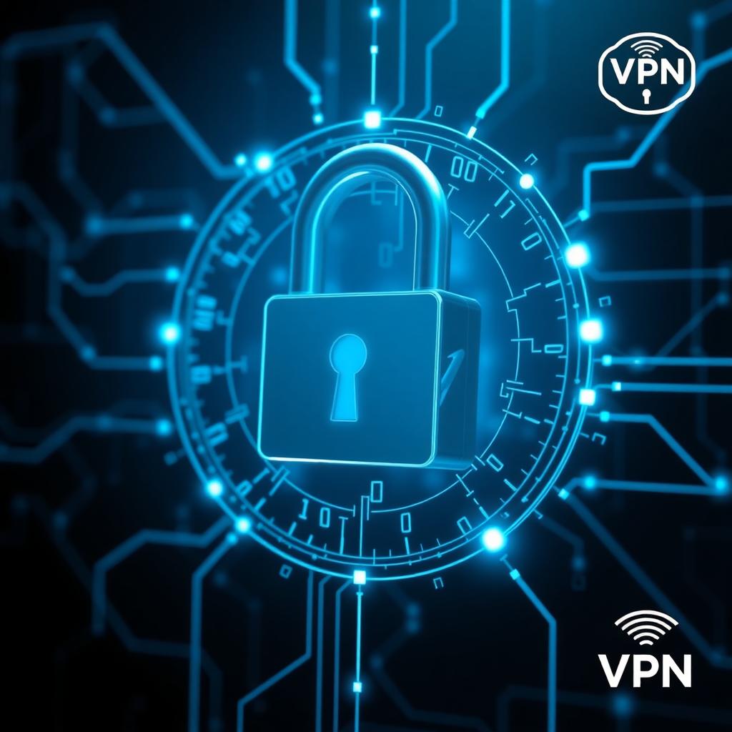 Digital lock with glowing blue data streams in a futuristic cyber background, representing VPN security.