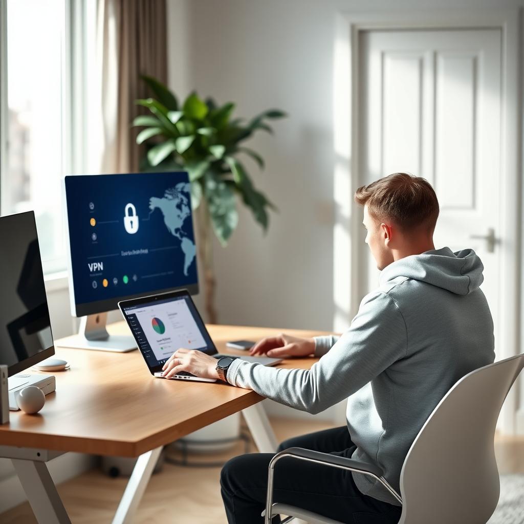 Person using a laptop with a VPN interface in a modern home office