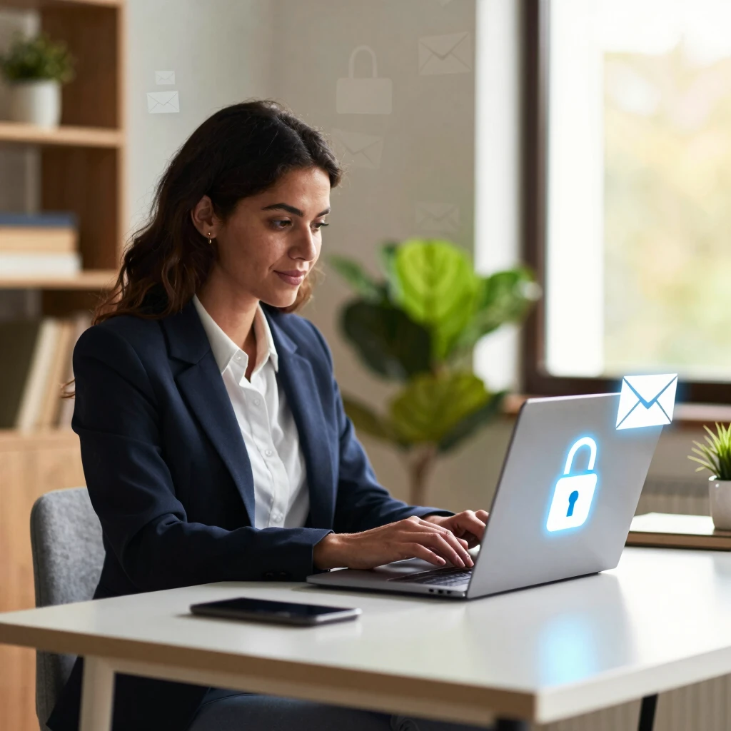 Woman securing her digital communications on a laptop in a home office