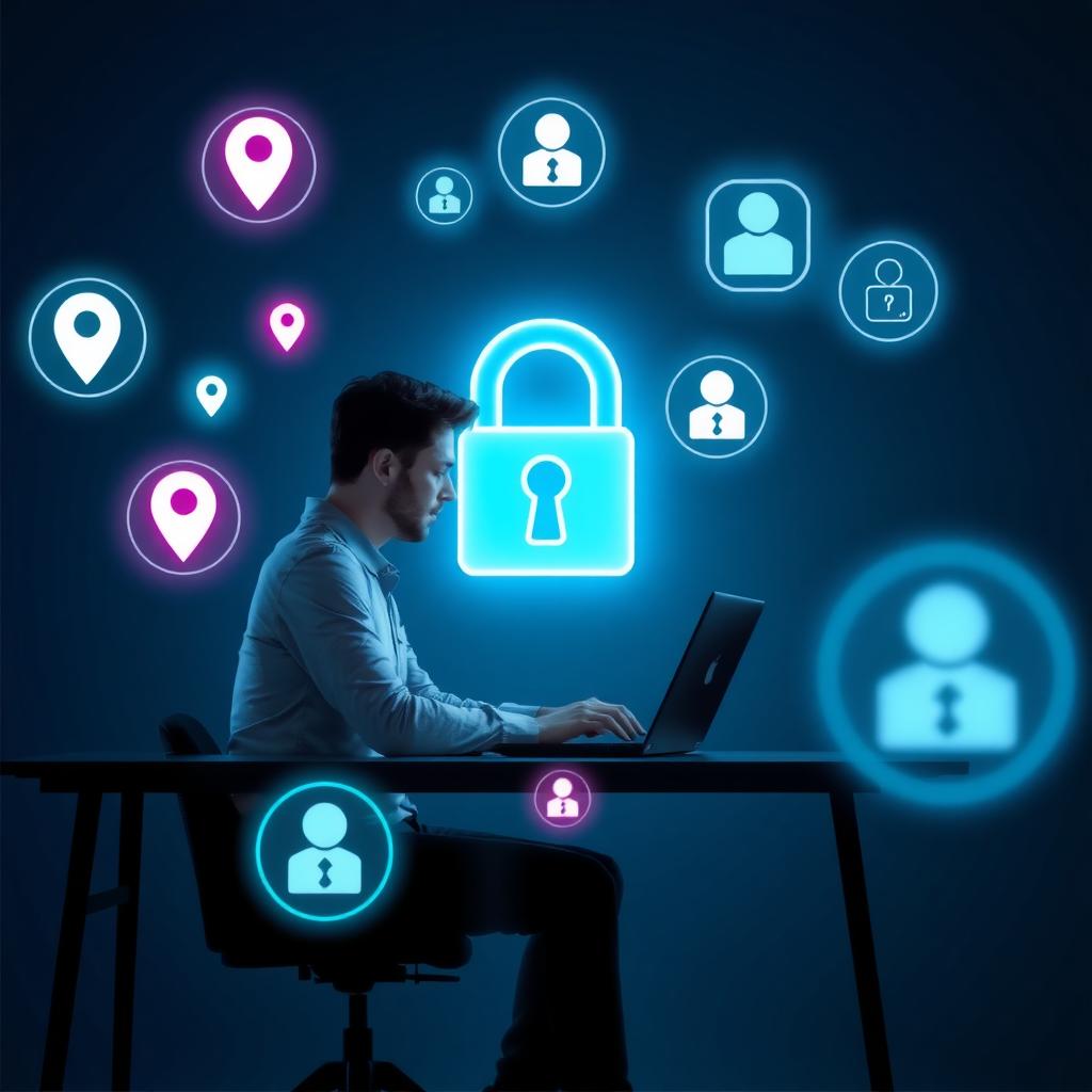 Person at a desk with a laptop, surrounded by glowing digital data icons and a lock symbol for privacy.